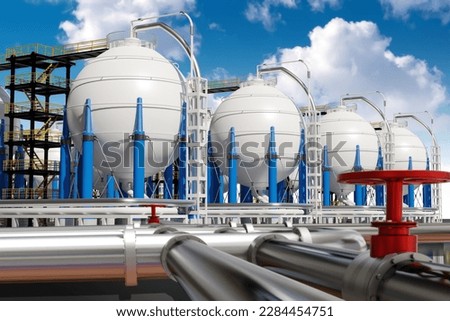Pipes on territory of plant. Tanks for chemical waste. Manufactory on summer day. Piping and pressure tanks. Spherical storage. Equipment for chemical production. Industrial landscape.  Royalty-Free Stock Photo #2284454751
