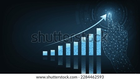 Concept of growth business on successful with graph icon up digital on dark blue background. growing graph icon from triangle line particle design low poly.