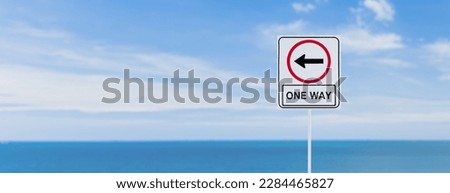 one way sign has a blurry background of the sea and a clear cloudy sky.