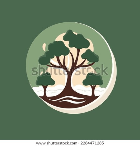A collection of logo, vector art, illustration of mountain, landscape, nature, tree, lake, leaves.