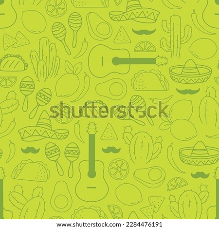 Green on green Cinco de Mayo seamless pattern of line drawing