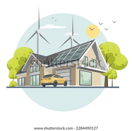 Home alternative electryciti. Illustration of a modern house. Solar panels on the roof country house and wind turbines on nature background. Electric car near the house. Concept of solar generation