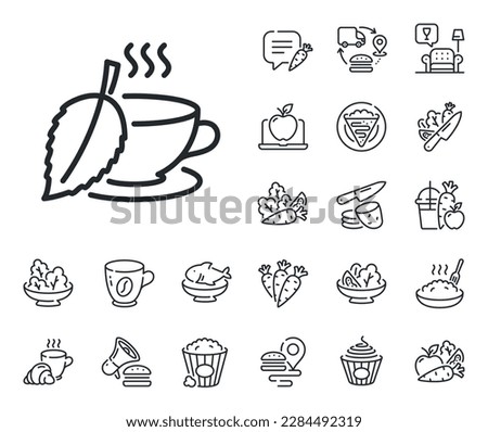 Fresh herbal beverage sign. Crepe, sweet popcorn and salad outline icons. Mint Tea line icon. Cup of drink symbol. Mint tea line sign. Pasta spaghetti, fresh juice icon. Supply chain. Vector Royalty-Free Stock Photo #2284492319