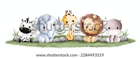 Watercolor Illustration Jungle baby Animal sitting on the grass background