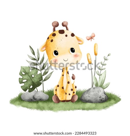 Watercolor Illustration cute baby giraffe sitting on the grass with leaves