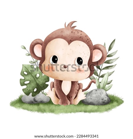 Watercolor Illustration cute baby monkey sitting on the grass with leaves