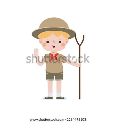 cute little Cute boy scout with Hiking Stick , Happy kid girl scout honor uniform summer camp cartoon flat character isolated vector illustration on white background