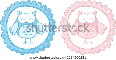Blue and pink baby round label with cute owl
