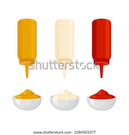 Ketchup, mustard, mayonnaise dipping sauce. Plastic bottle template. Design element for poster, restaurant, menu, brochure, flyer. Vector illustration in trendy flat style isolated on white background Royalty-Free Stock Photo #2284501077