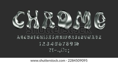 Y2K chrome font. Liquid metal 3d alphabet, Aesthetic techno letter, number and abstract shape. Mercury glossy vector form Royalty-Free Stock Photo #2284509095