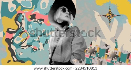 Contemporary digital collage art. Retro lady. Fashion, vintage shop concept.