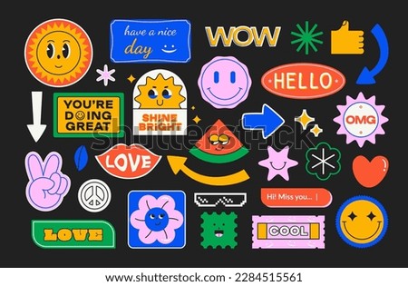 Abstract cool stickers. Doodle cartoon badge and phrase, funny printing patch stamp comic character. Vector isolated set
