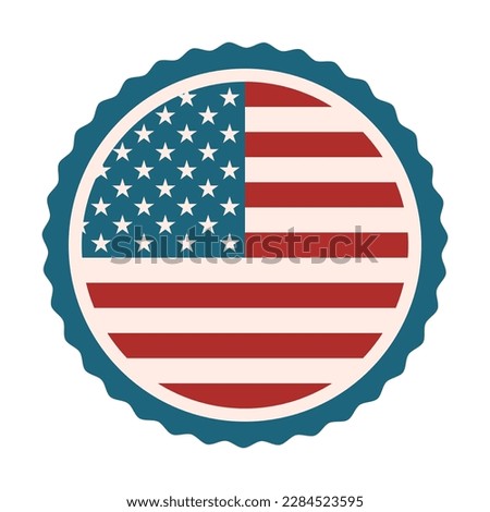 Retro American national stamp. USA flag in a circle. America's flag badge. Red stripes and stars. US round emblem or icon. Patriotism, election, 4th July, concept. Vector illustration, flat, clip art