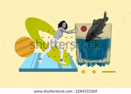 Funny creative picture sketch collage young eco activist girl pushing glass ocean water swimming wild fish isolated on drawn background