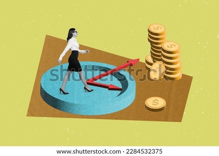 Photo composite collage long time range investment business lady minimal risk stable income golden coins isolated on green background