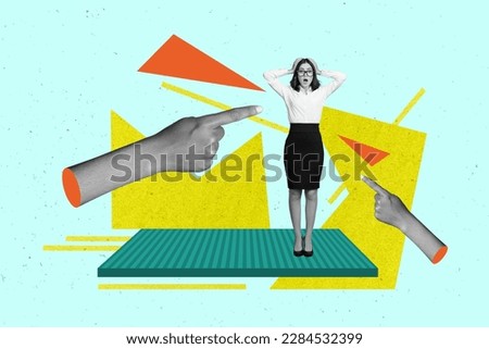 Creative collage of fingers hands point business worker manager administrator lady forget pay bills blame isolated on blue background