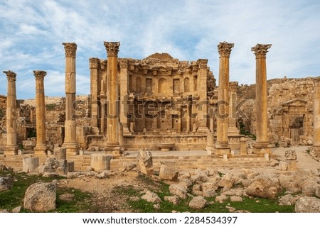 Jordan. Monumental two-tiered fountain of 2nd century AD. - Nymphaeum. Fountain is one of best preserved places of Gerasa. Gerasa (Jerash) is ancient city that is six and half thousand years old.  Royalty-Free Stock Photo #2284534397