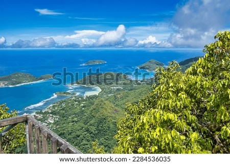 Morn blanc nature trail, view of the north west coast of Mahe, Mahe Seychelles. Royalty-Free Stock Photo #2284536035