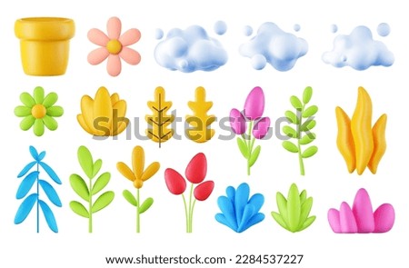 3d render collection of plants and clouds, set of vector flowers on isolated white background, design element, nature icons.