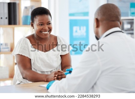 Doctor, black woman and healthcare consultation with a wellness and hospital worker in office. Consulting, patient and happy female with smile from health communication and expert advice in a clinic Royalty-Free Stock Photo #2284538293
