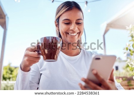 Cafe, coffee and woman with smartphone, smile and connection with social media, typing and share post. Female, outdoor and happy lady with cellphone, cup and cappuccino with happiness and mobile app