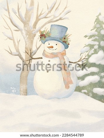 Vintage Christmas card, retro snowman, greeting vintage card