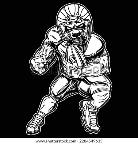 The black and white image shows a panda as the American football mascot complete with the clothes of the players, as well as the position of the body avoiding the enemy while holding the ball.

