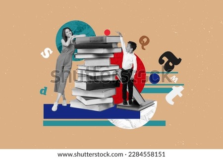 Composite 3d collage template of schoolboy enjoy learning education much books with his literature teacher isolated on beige background