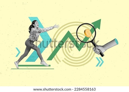 Creative collage picture of mini excited black white colors girl running catch big arm hold magnifier loupe enlarge money coin growing arrow upwards