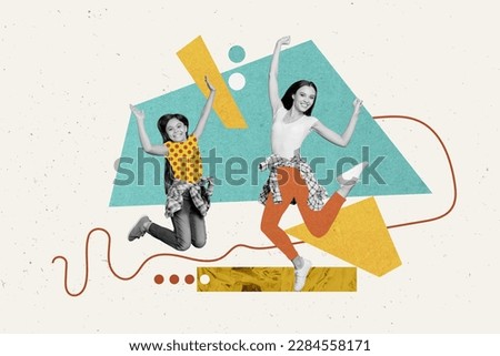 Creative illustration 3d collage advertisement young mother parent jumping with daughter shopping season isolated on drawn background