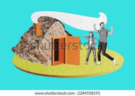 Collage image of two funky overjoyed black white colors people dancing stone rock house opened door isolated on teal background