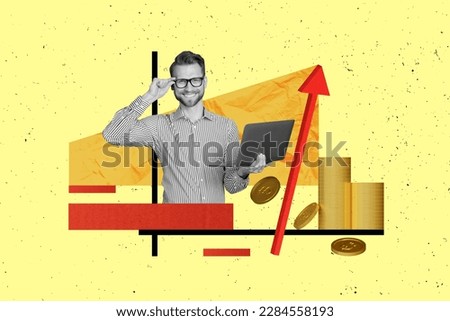 Photo template financial market trader collage businessman hold netbook bull bitcoin income become rich isolated on yellow background
