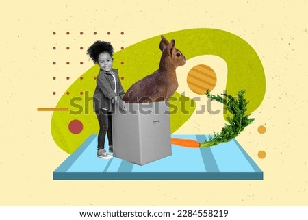 Collage of funny small child playing have fun contact zoo trick rabbit inside box magic eat carrot vegetable isolated on green background