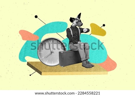 Surreal cartoon collage of head dog animal man sitting lonely waiting his railway transport check watches isolated on painted background