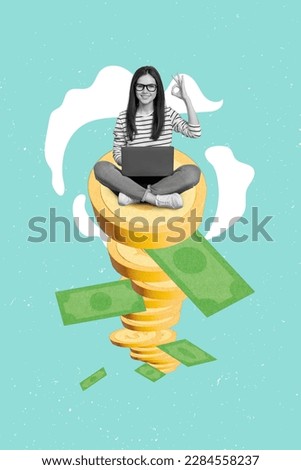 Vertical collage picture of successful mini black white gamma businesswoman sit big pile stack money dollar coins bills use netbook show okey symbol