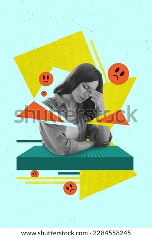 Vertical collage portrait of black white colors unsatisfied girl suffer headache feel bad unwell sad emoji isolated on drawing background Royalty-Free Stock Photo #2284558245