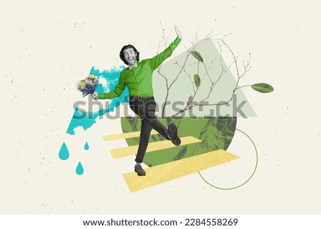 Creative collage portrait of excited black white gamma guy hold fresh flowers walking spring tree branch leaf raindrop