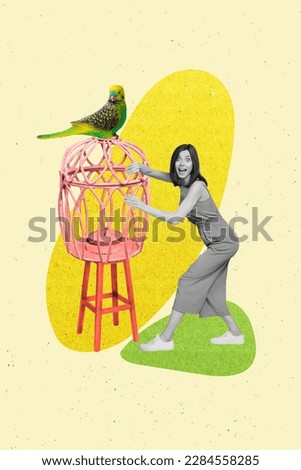 Vertical collage portrait of astonished black white effect mini girl parrot sit above cage isolated on painted background