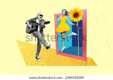 Creative collage of black white gamma grandfather sing play guitar excited girl jump hold sunflower picture frame isolated on painted background