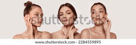 Beautiful, young women with healthy, well-kept skin against grey background. Facebuilding. Aging. Collage. Concept of natural beauty, plastic surgery, cosmetology, cosmetics, skin care