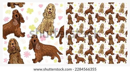 Spring pattern with spirals, leaf, flowers, cocker spaniel dogs. Pastel colors. Elegant, soft seamless background, abstract summer pattern with hand-drawn colorful shapes. Delicate, gender-neutral.