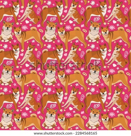 Spring pattern with spirals, leaf, flowers, Shiba Inu dogs. Pastel colors. Elegant, soft seamless background, abstract summer pattern with hand-drawn colorful shapes. Delicate, gender-neutral.