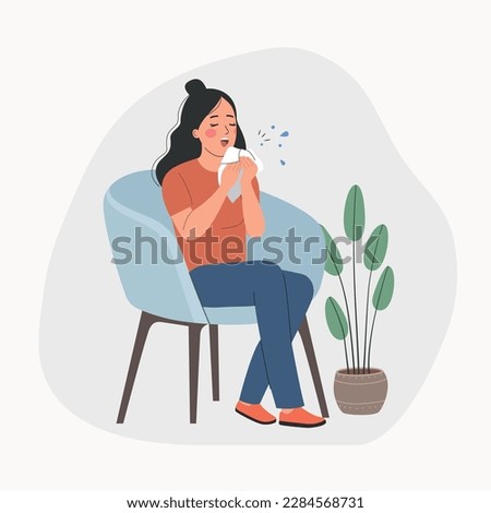 Young ill woman sneezes on chair. Vector flat style cartoon illustration Royalty-Free Stock Photo #2284568731