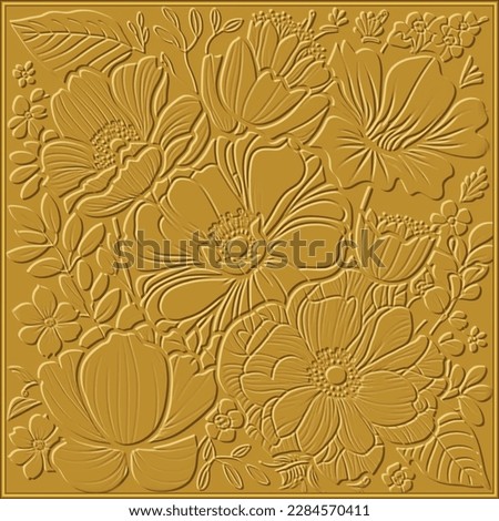 Textured 3d wildflowers seamless pattern with square frame. Emboss decorative ethnic style yellow background. Surface relief lines hand drawn flowers leaves. Beautiful flowers ornament. Grunge texture Royalty-Free Stock Photo #2284570411