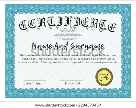Classic Certificate or Diploma template.  Retro design.  With great quality guilloche pattern.  Vector illustration.  Light blue color.