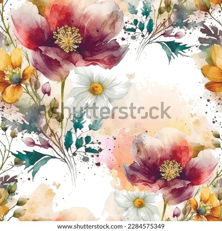 Watercolor beautiful colorful wildflowers seamless pattern. Dirty watercolor romantic background. Hand drawn paint blossom flowers, leaves. Modern textured artistic ornaments. Endless grunge texture.