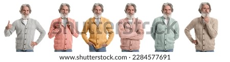 Collage of senior man wearing knitted sweaters in different colors on white background Royalty-Free Stock Photo #2284577691