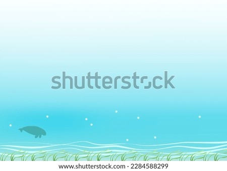 background of cartoon-style illustration of dugong swimming in eelgrass field
