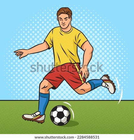 soccer footballer player kicks ball pinup pop art retro raster illustration. Comic book style imitation.