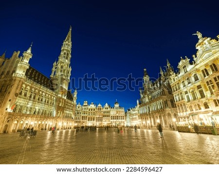 The famous Grand Place of Brussels by night, in Belgium, historical center of the city in very high resolution  Royalty-Free Stock Photo #2284596427